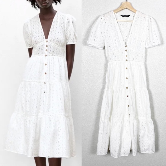 Zara Dresses & Skirts - Zara Womens White Openwork Embroidered Eyelet Midi Dress Size X-Small
